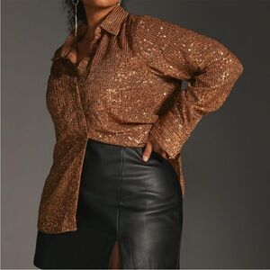 ANTHROPOLOGIE Sequin Button Down Full Sleeve Shirt Blouse.